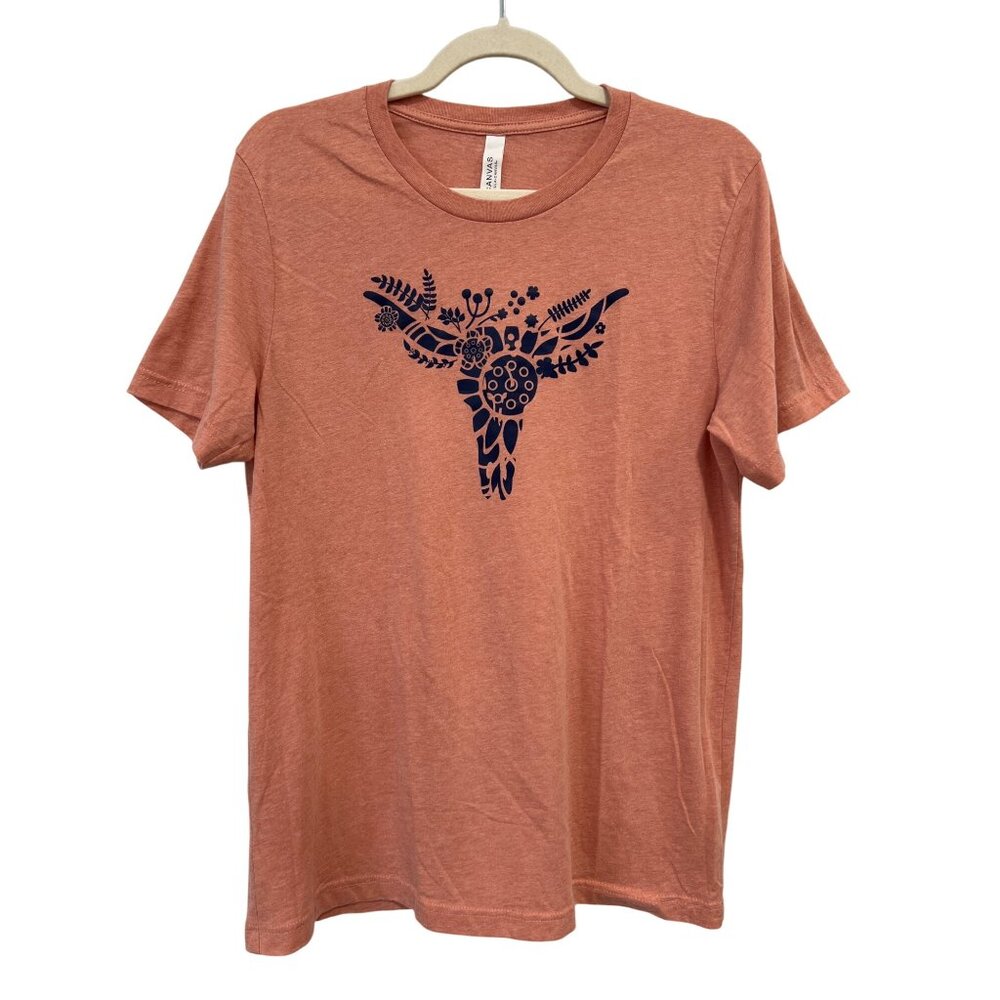 Bella + Canvas Crewneck Graphic Tee Large Floral Design Steer Skull Soft Orange